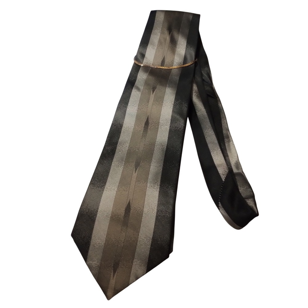 Giorgio Brutini Collezione Men Silk Necktie Black Grey Striped Gold Chain Accent